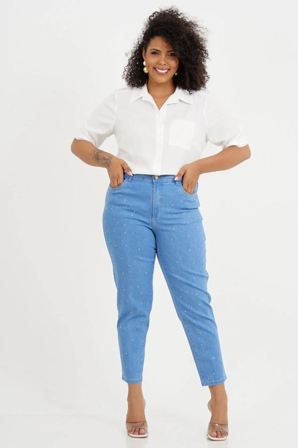 Calça Mom Plus Size Letícia Strass Jeans