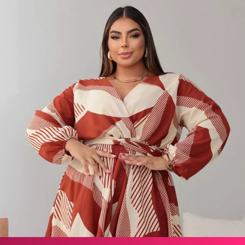 Macaquinho Curto Short Saia Estampado Manga Longa Plus Size