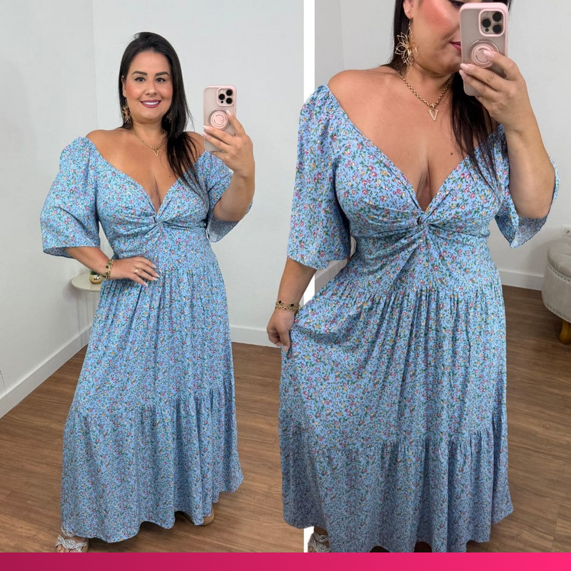 Vestido Longo Babi Floral Azul Plus Size
