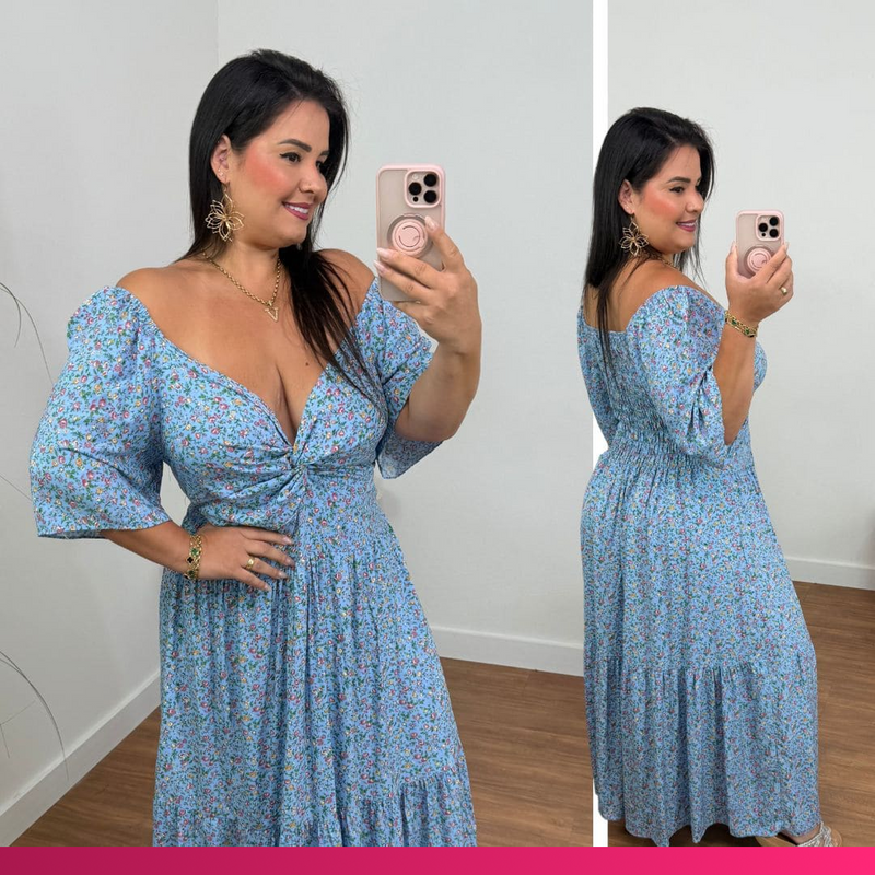 Vestido Longo Babi Floral Azul Plus Size