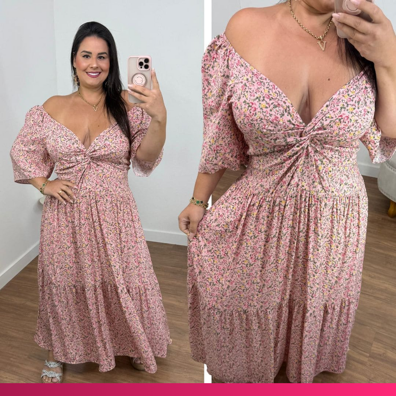 Vestido Longo Babi Floral Rosa Plus Size