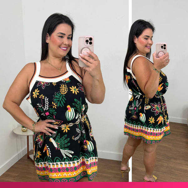 Vestido Curto Tropical Preto Plus Size