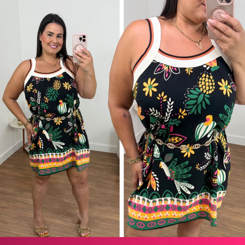Vestido Curto Tropical Preto Plus Size