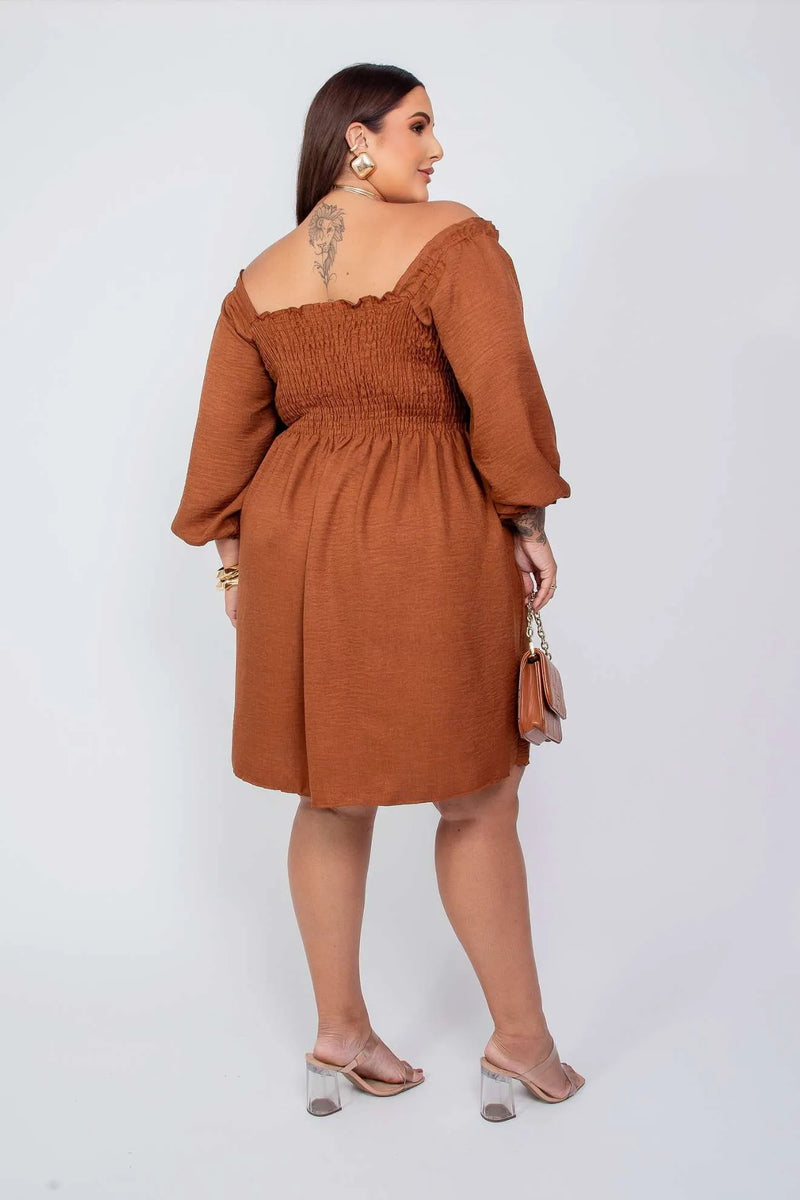 Vestido Curto com Lastex no Busto Manga 3/4 Marrom