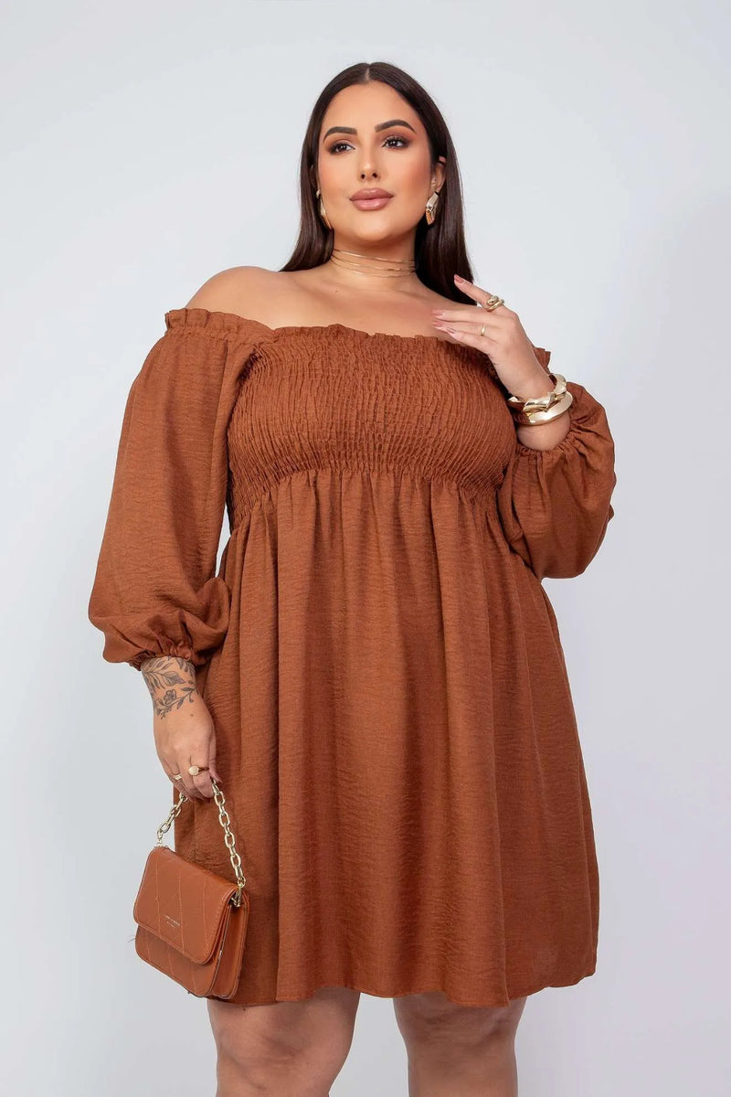 Vestido Curto com Lastex no Busto Manga 3/4 Marrom