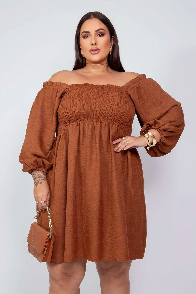 Vestido Curto com Lastex no Busto Manga 3/4 Marrom