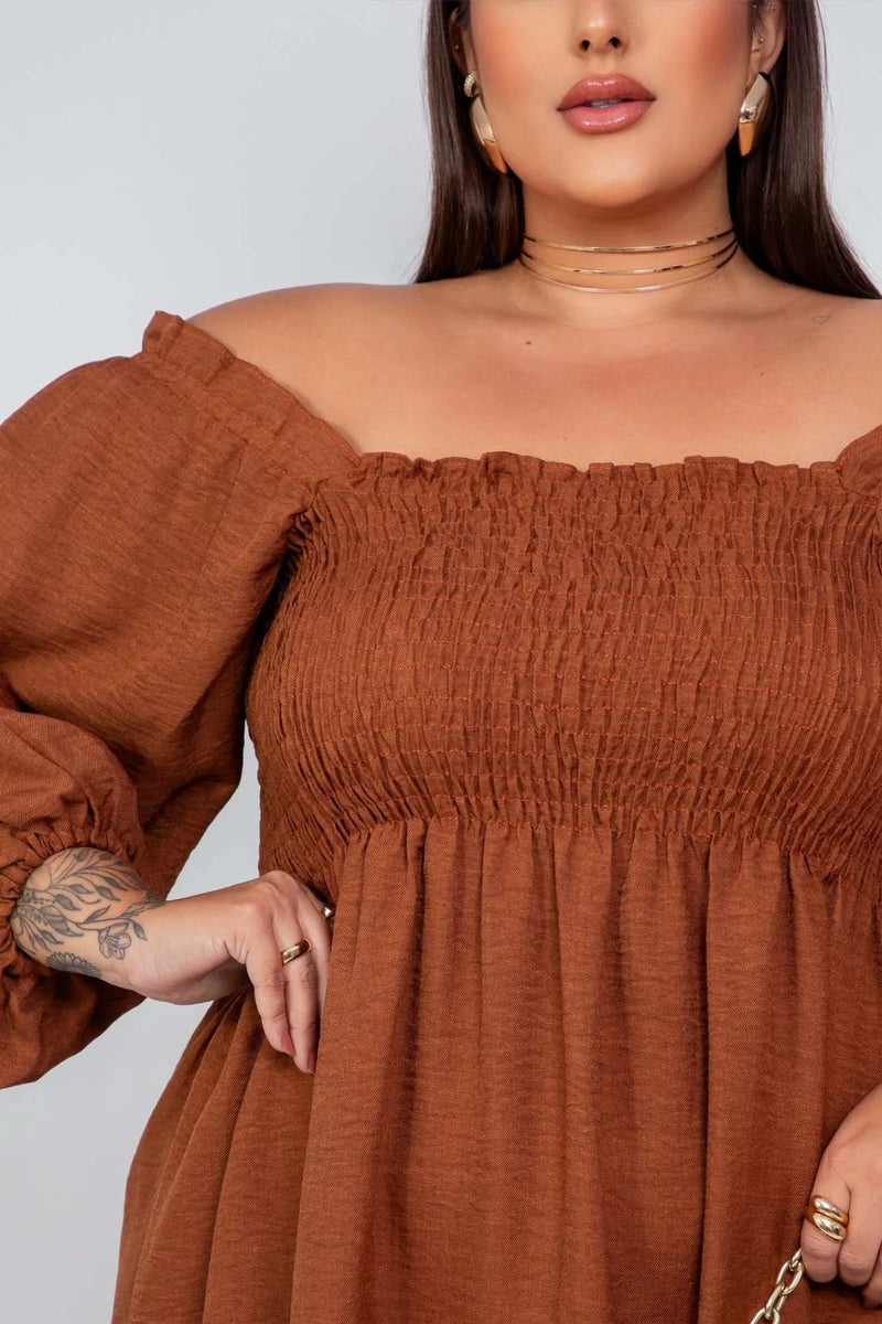 Vestido Curto com Lastex no Busto Manga 3/4 Marrom