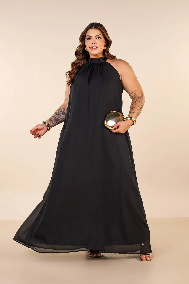 Vestido Longo Amplo Frente Única com Amarração no Pescoço