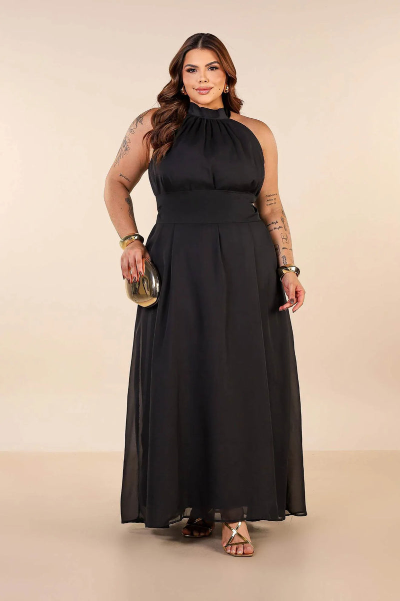 Vestido Longo Amplo Frente Única com Amarração no Pescoço