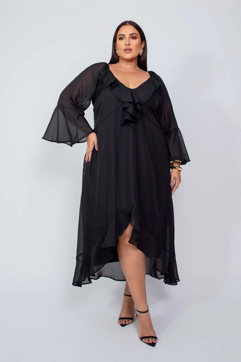 Vestido Longo Boho com Babado no Decote e Mangas Longas
