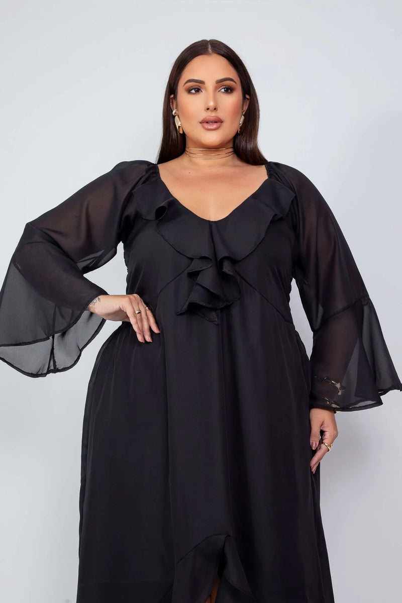 Vestido Longo Boho com Babado no Decote e Mangas Longas