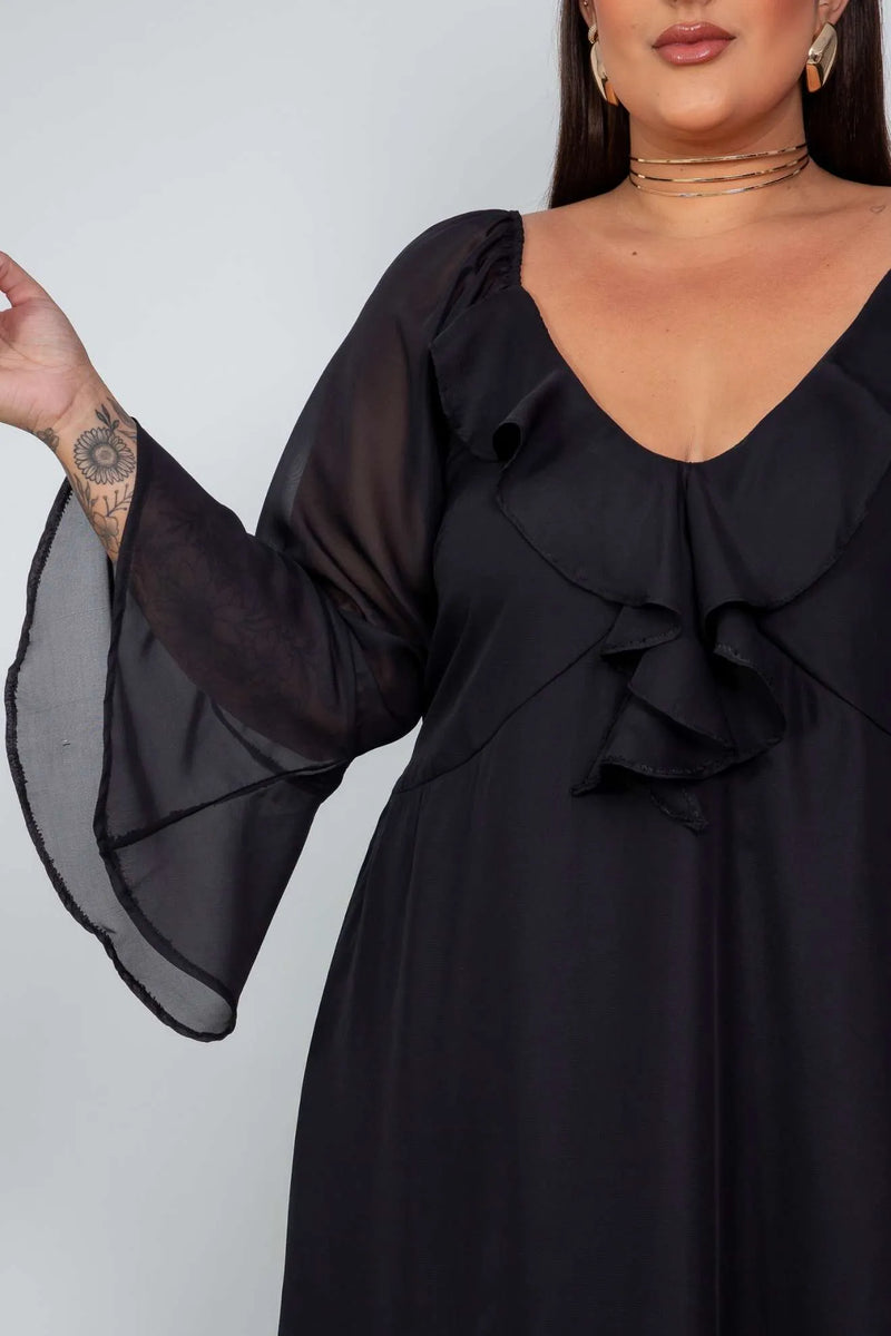 Vestido Longo Boho com Babado no Decote e Mangas Longas