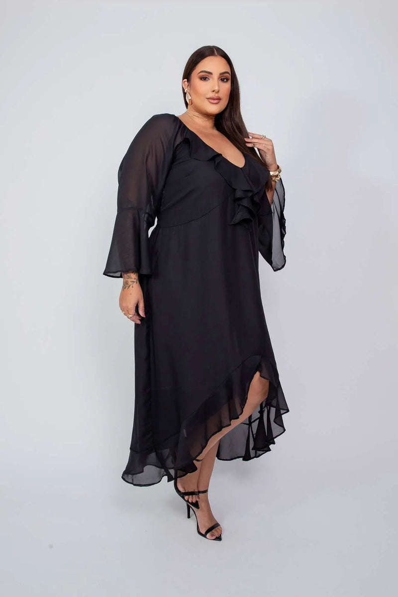 Vestido Longo Boho com Babado no Decote e Mangas Longas