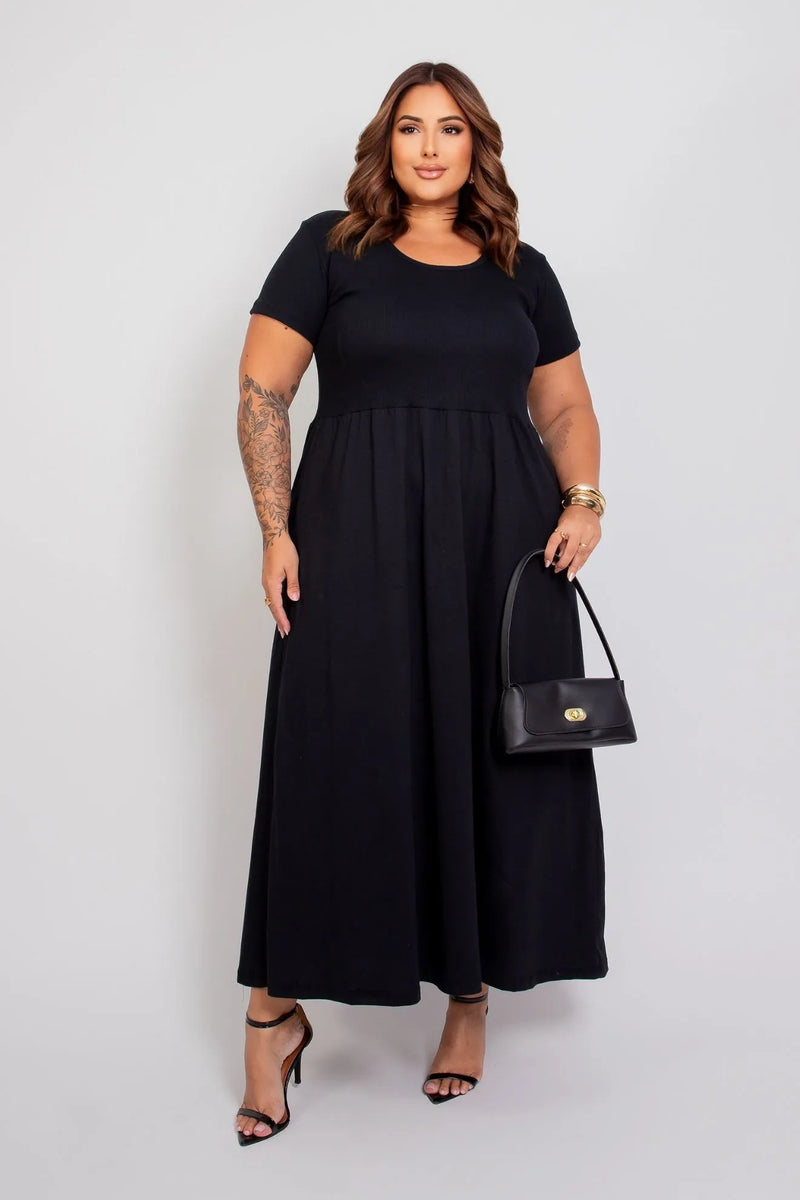 Vestido Longo com Manga Curta e Colo Canelado e Saia Ampla de Algodão
