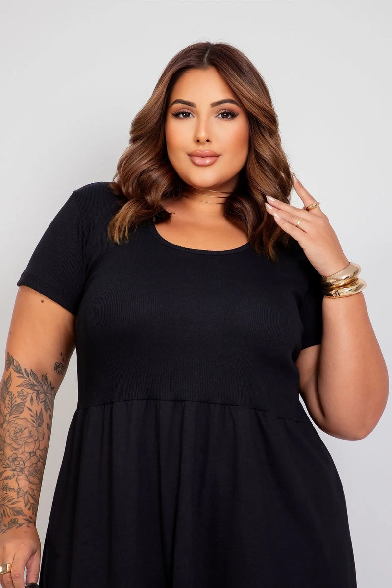 Vestido Longo com Manga Curta e Colo Canelado e Saia Ampla de Algodão