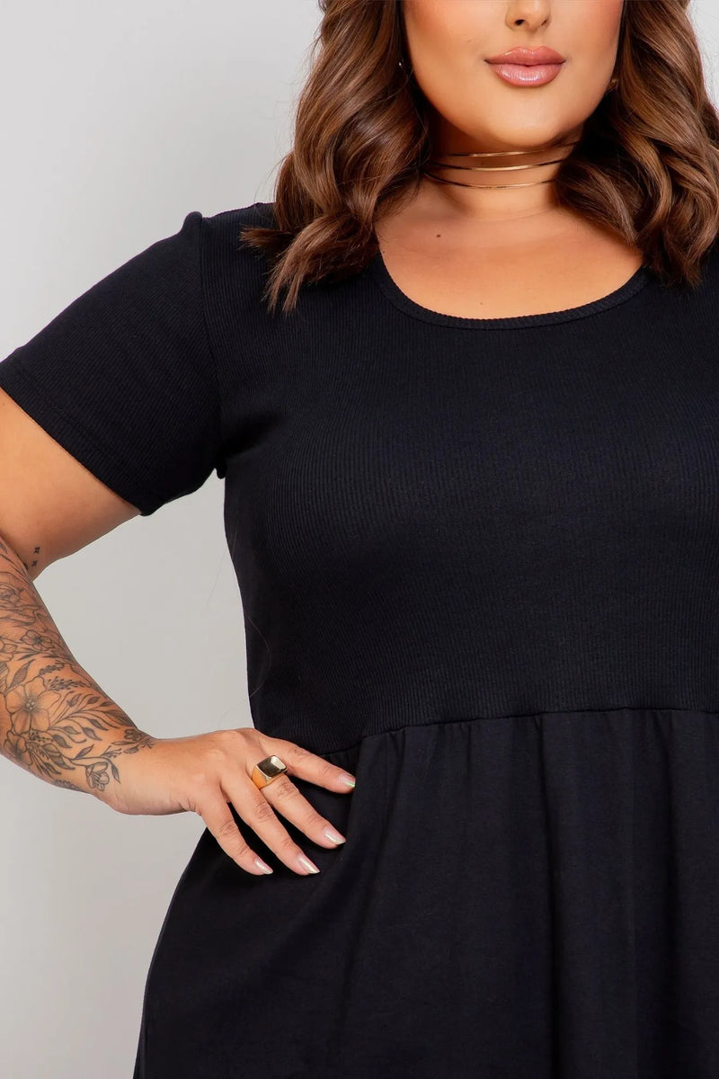 Vestido Longo com Manga Curta e Colo Canelado e Saia Ampla de Algodão